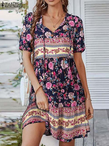 Casual Beach Printing Dress Half Sleeve V-Neck Sundress