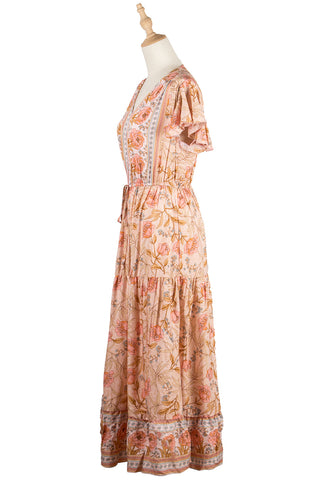 Vintage Floral Print Short Sleeve V-Neck Dress Leisure