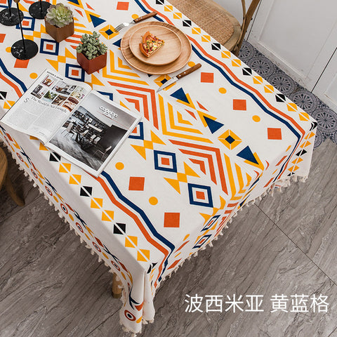 Tablecloth Cotton and Linen Fabric Rectangular Tassel Waterproof and Oilproof